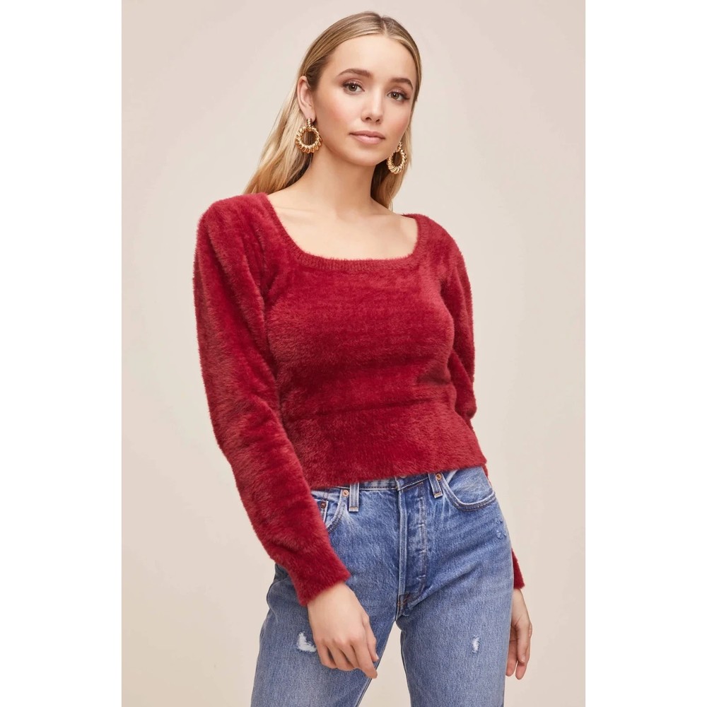 Astr The Label Square Neck Fuzzy Cropped Sweater NWT